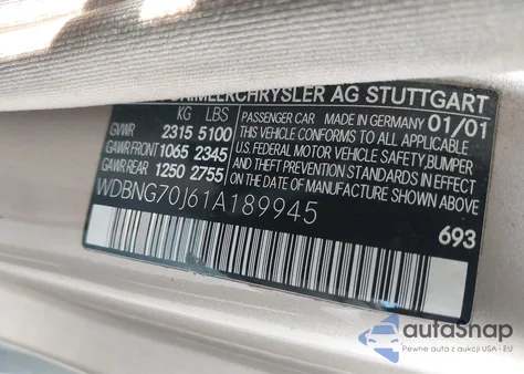 2001 Mercedes-Benz S 430 z USA, uszkodzony, nr VIN WDBNG70J61A189945